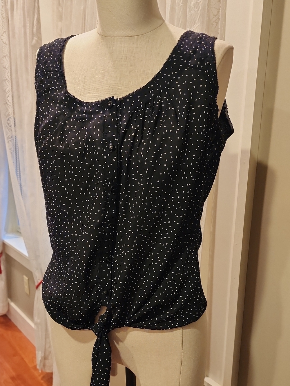 White House Black Market Black Polka Dot Tie-Hem Blouse